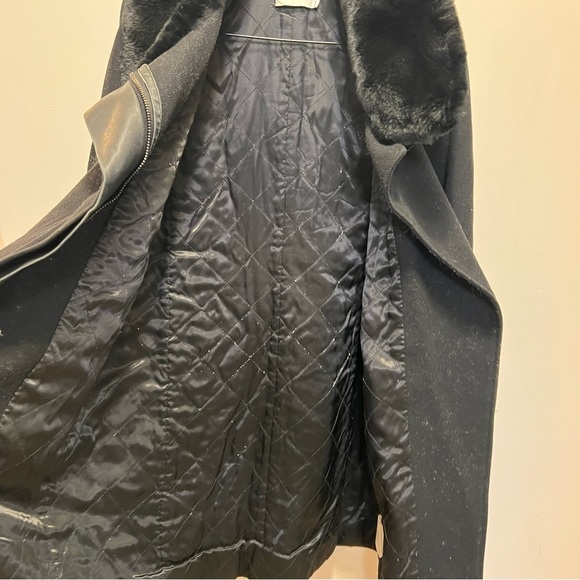 Vince Genuine Rabbit Fur Collar Lamb Leather Asymmetrical Wool Black Coat XS - Picture 8 of 16